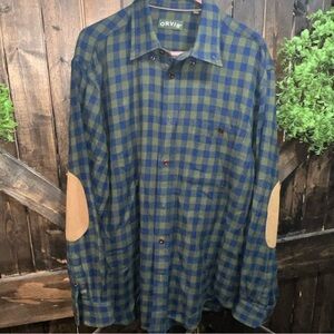Orvis Shirt Mens Large Plaid Classic Fit Elbow Patch Cotton Button Outdoors Blue